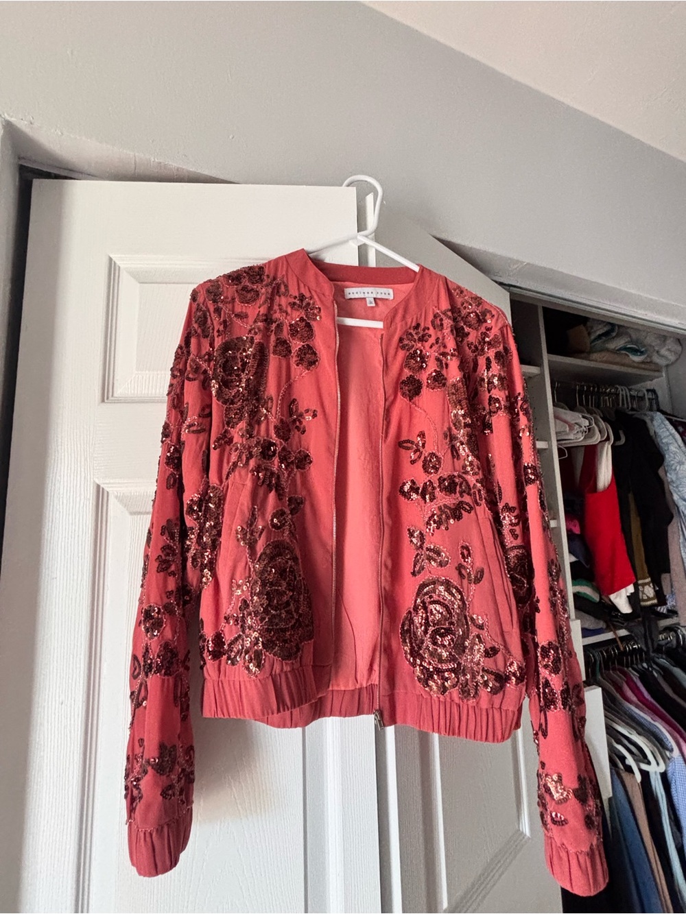 Endless Rose Coral Sequin Rose Bomber Jacket